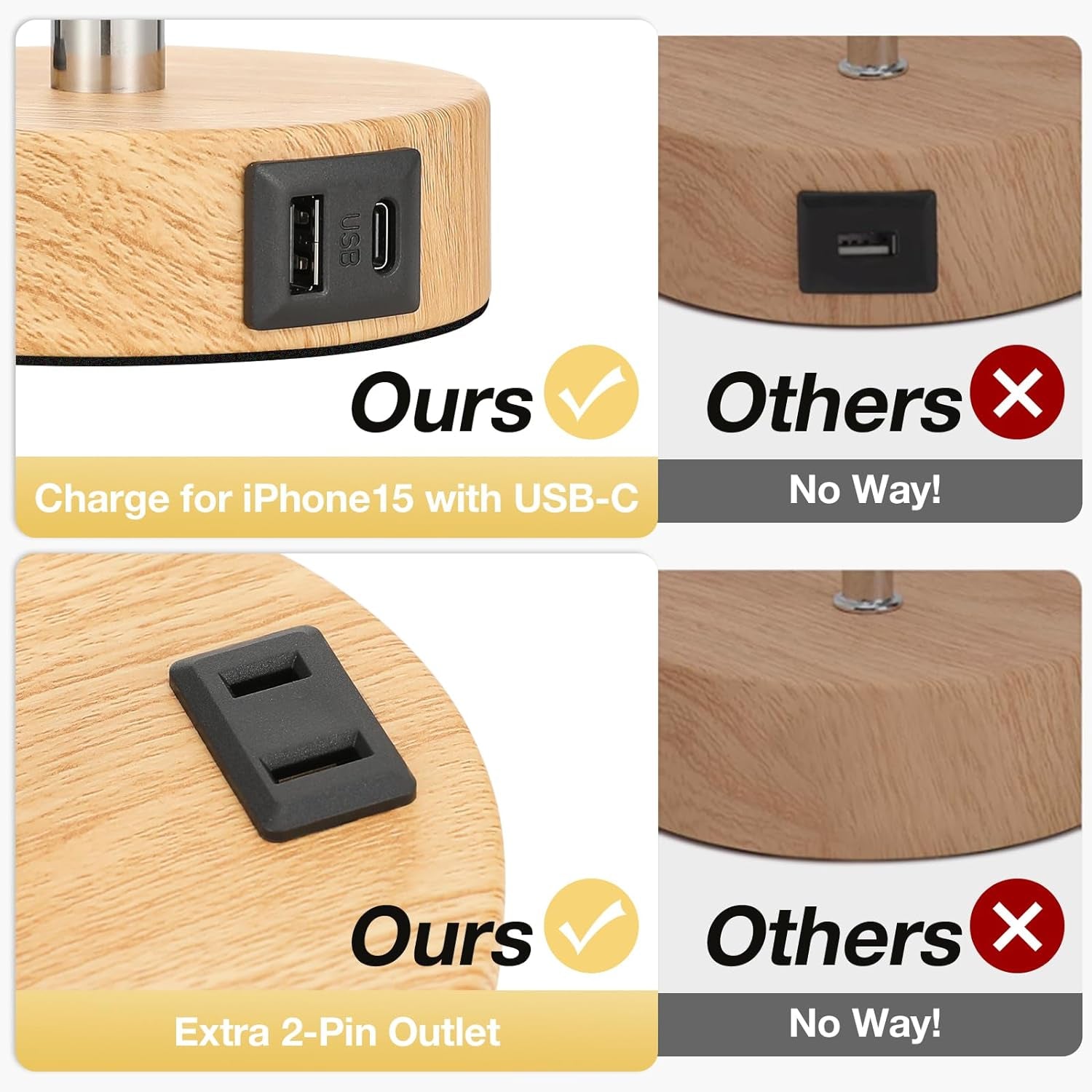 3 Way Dimmable Touch Lamp USB C Charging Ports and AC Outlet, Small Lamp, Wood Base, round Flaxen Fabric Shade