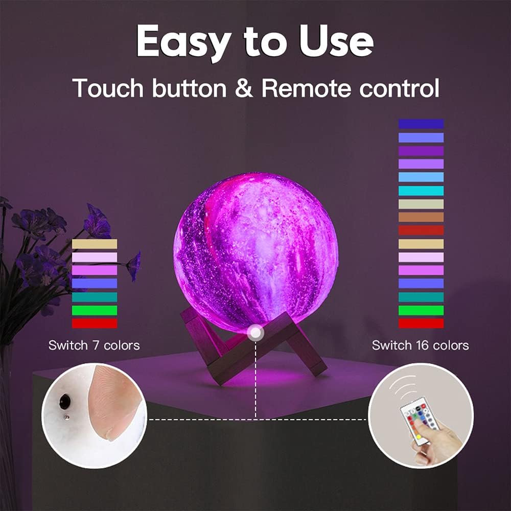 Moon Lamp Galaxy 16 Colors LED 3D Moon Light, Remote & Touch Control