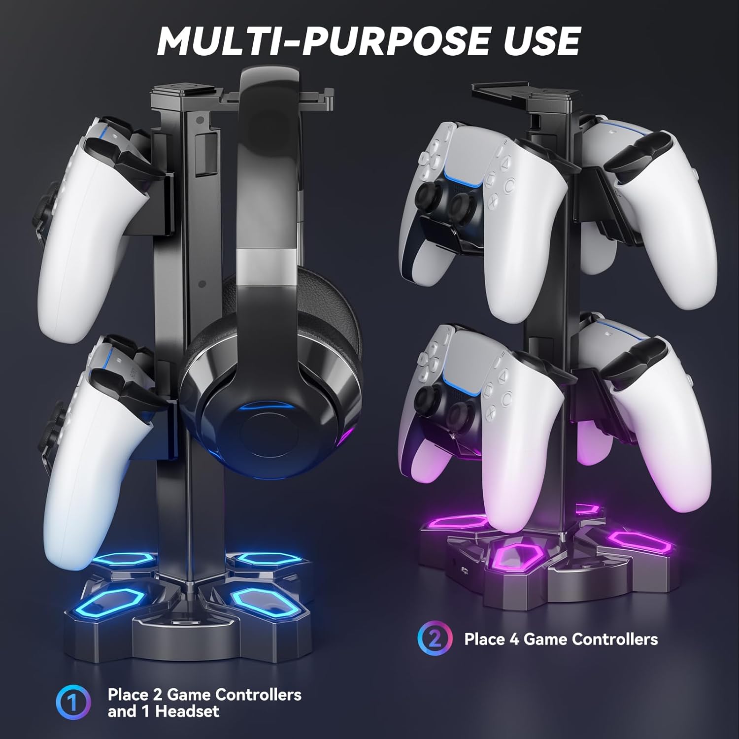 LED Headphone and Controller Stand, Rotatable Stand with Multiple Light Modes and 2 USB Charging Ports