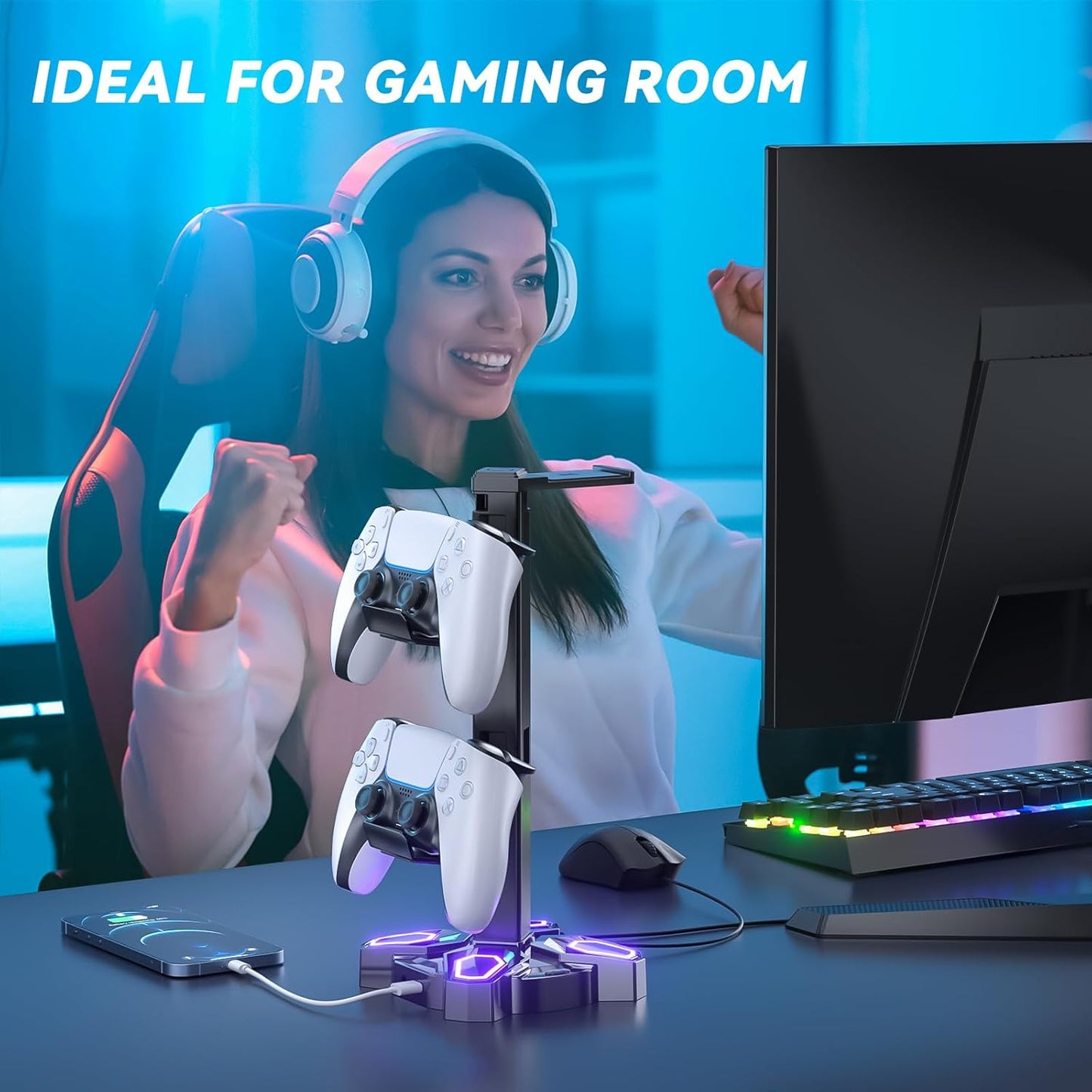 LED Headphone and Controller Stand, Rotatable Stand with Multiple Light Modes and 2 USB Charging Ports