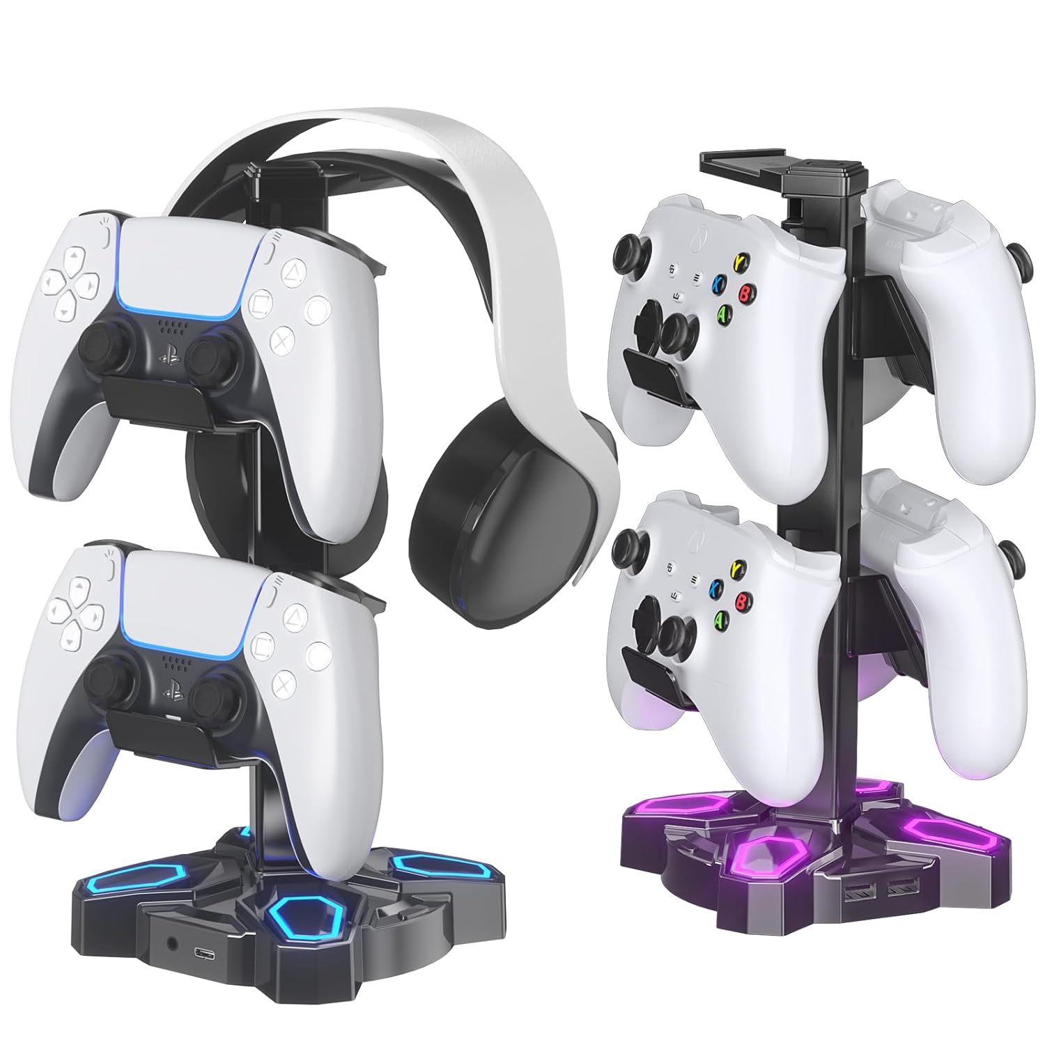 LED Headphone and Controller Stand, Rotatable Stand with Multiple Light Modes and 2 USB Charging Ports