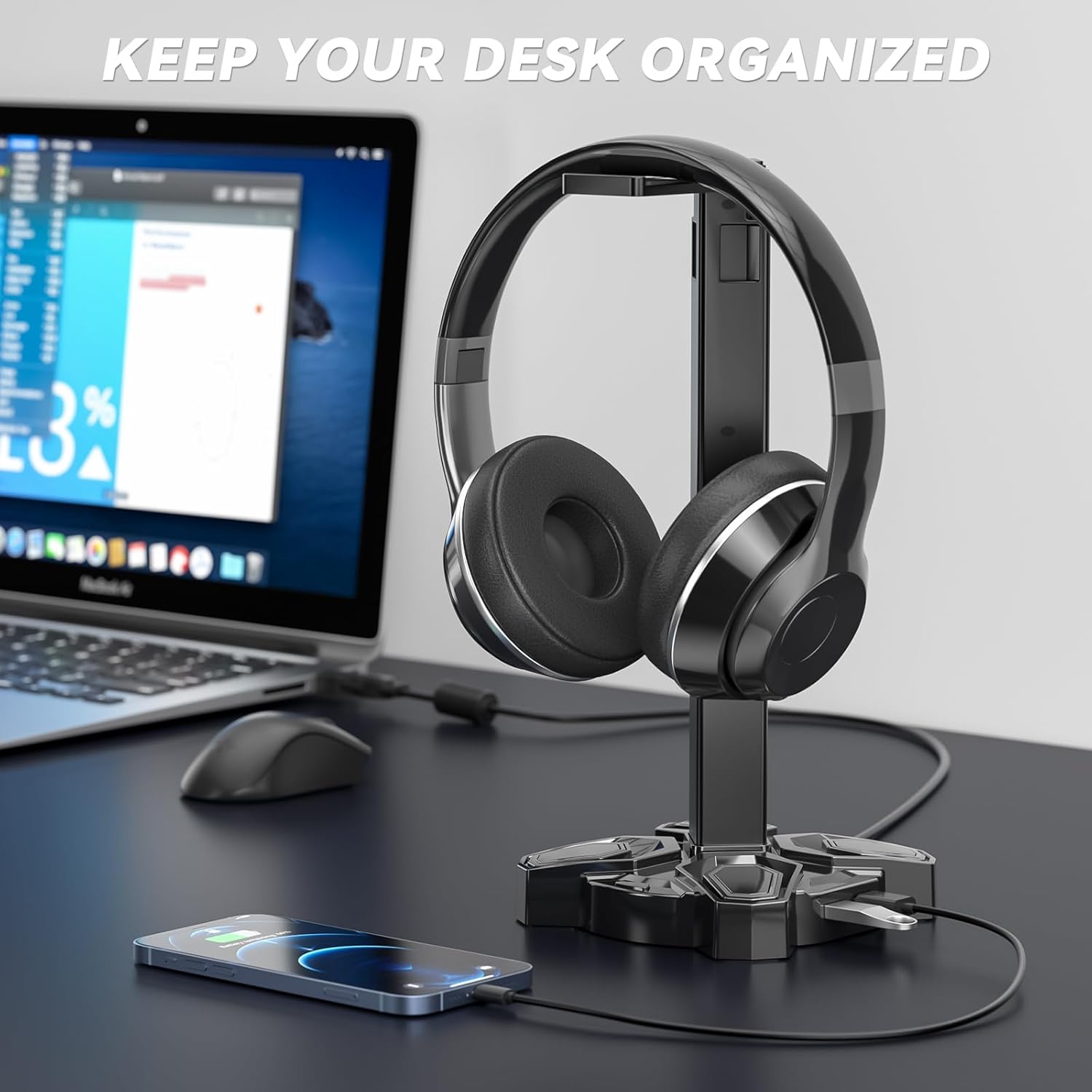 LED Headphone and Controller Stand, Rotatable Stand with Multiple Light Modes and 2 USB Charging Ports