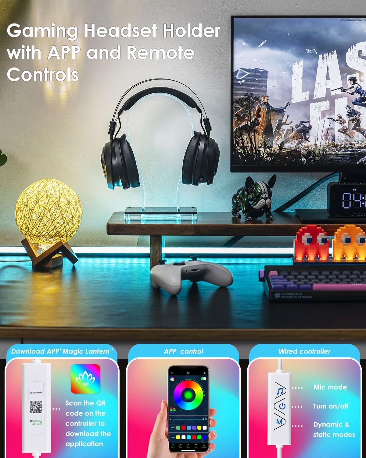 RGB Headphone Stand with 213 Modes 60K Colors, Music Rhythm Sync, Acrylic Headphone Stand for Desk Enhances Gaming Setup Experience, Gaming Headset Holder with APP & Wired Controller