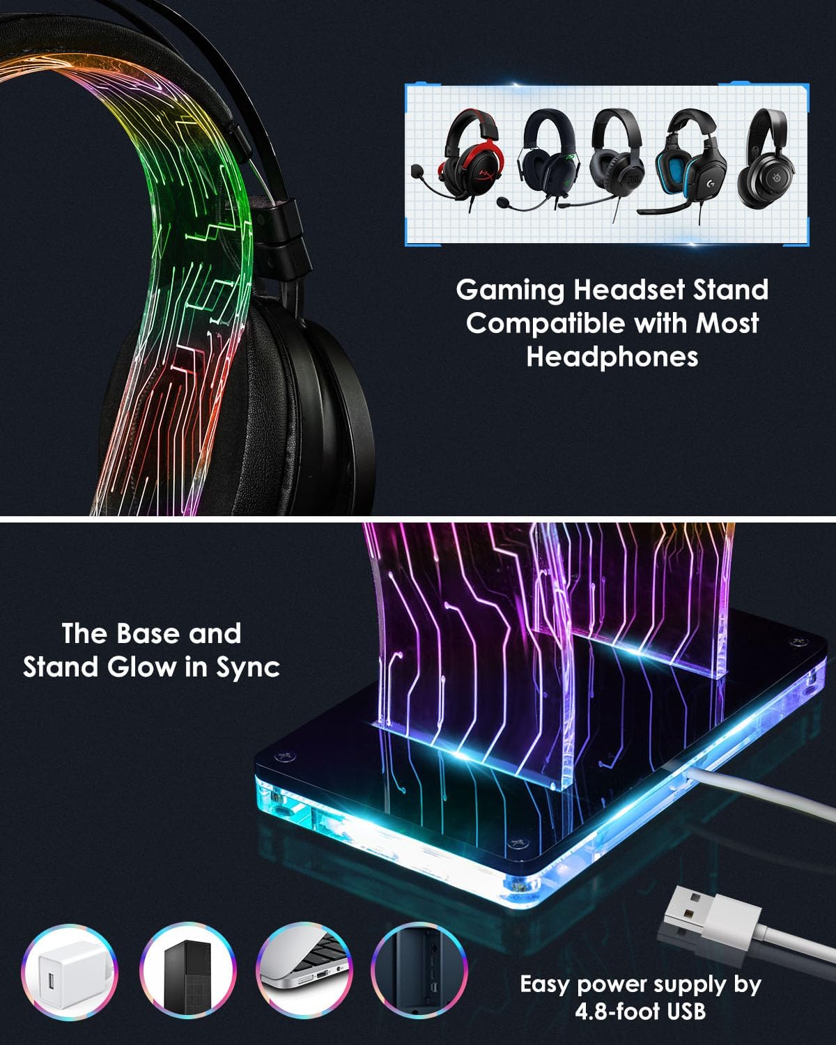 RGB Headphone Stand with 213 Modes 60K Colors, Music Rhythm Sync, Acrylic Headphone Stand for Desk Enhances Gaming Setup Experience, Gaming Headset Holder with APP & Wired Controller