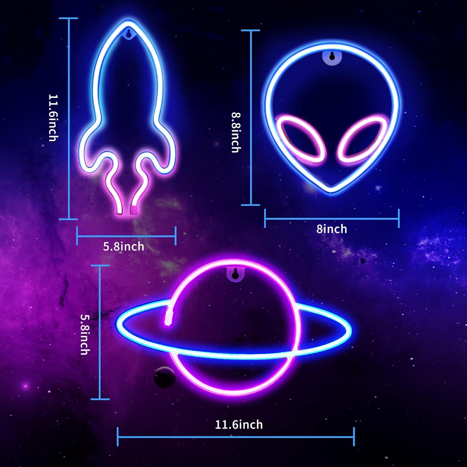 3 Piece Outer Space LED Neon Lights Wall Decor, Usb or Battery Powered