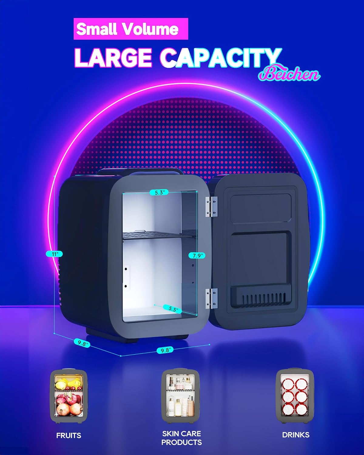 LED Mini Fridge, 4 Liter/6 Cans Small Refrigerator With 6 Different Dimmable LED Light