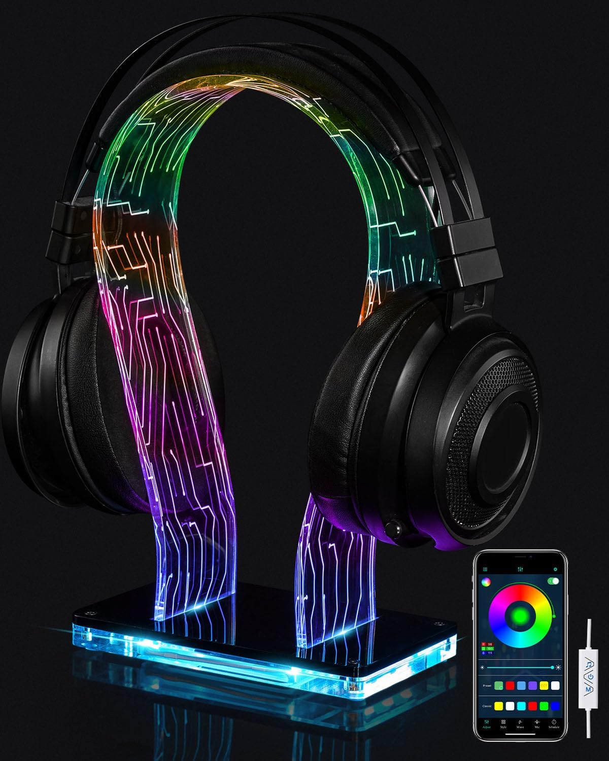 RGB Headphone Stand with 213 Modes 60K Colors, Music Rhythm Sync, Acrylic Headphone Stand for Desk Enhances Gaming Setup Experience, Gaming Headset Holder with APP & Wired Controller