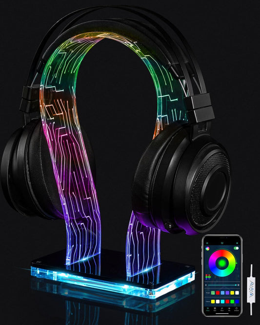 RGB Headphone Stand with 213 Modes 60K Colors, Music Rhythm Sync, Acrylic Headphone Stand for Desk Enhances Gaming Setup Experience, Gaming Headset Holder with APP & Wired Controller