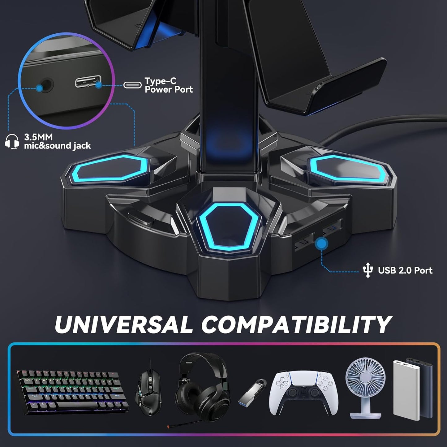 LED Headphone and Controller Stand, Rotatable Stand with Multiple Light Modes and 2 USB Charging Ports
