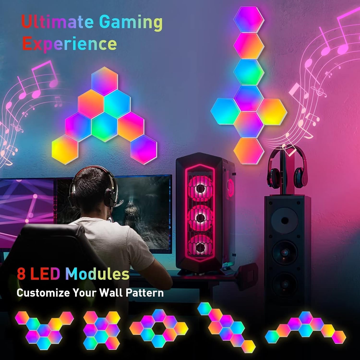 Hexagon Lights (8 Pack) LED Wall Panels, RGB Gaming Lights with APP