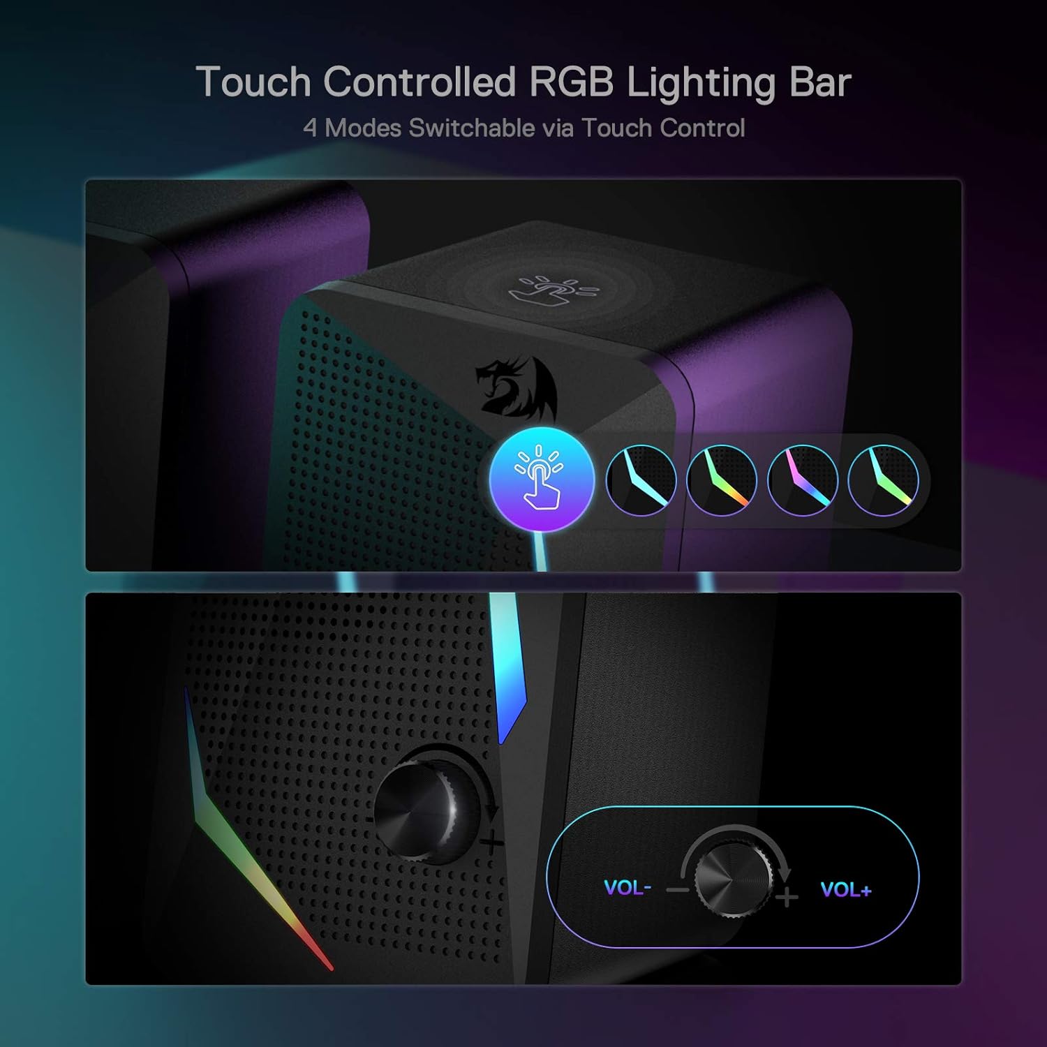 RGB Desktop Speakers with 4 Colorful LED Backlight Modes, Enhanced Bass and Easy-Access Volume Control, USB Powered W/ 3.5Mm Cable