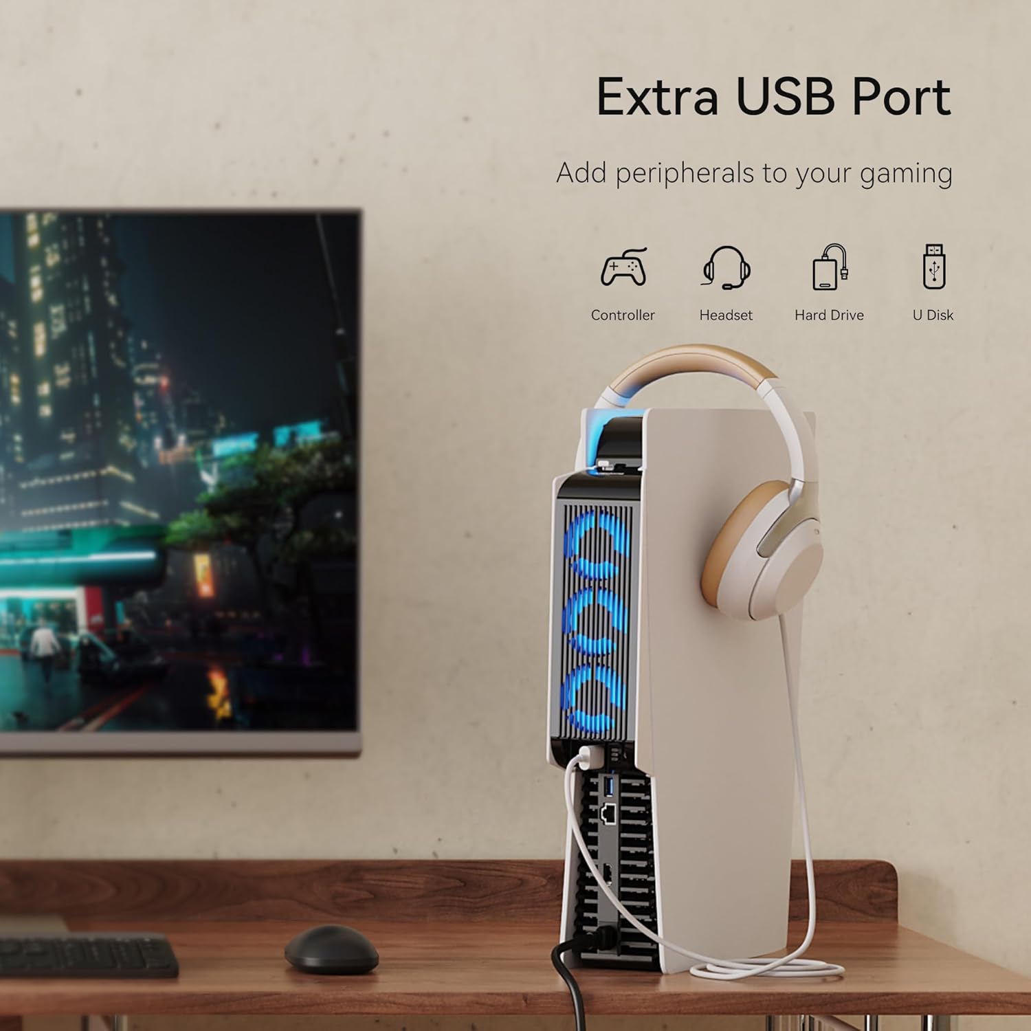 Cooling Fan for PS5 Accessories, Quiet Cooling Fan with Auto Speed, LED & Controller USB Port for PS5 Disc/Digital Edition 2020, Not for Playstation 5 Slim/Pro