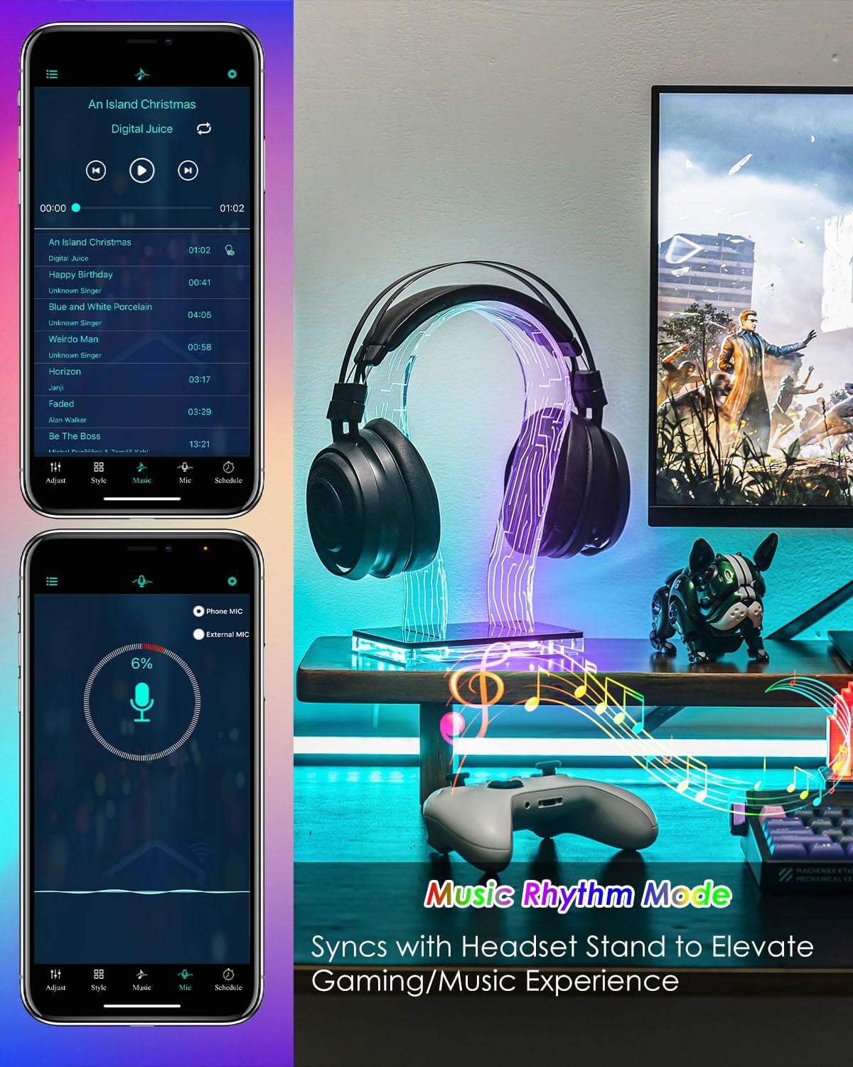 RGB Headphone Stand with 213 Modes 60K Colors, Music Rhythm Sync, Acrylic Headphone Stand for Desk Enhances Gaming Setup Experience, Gaming Headset Holder with APP & Wired Controller