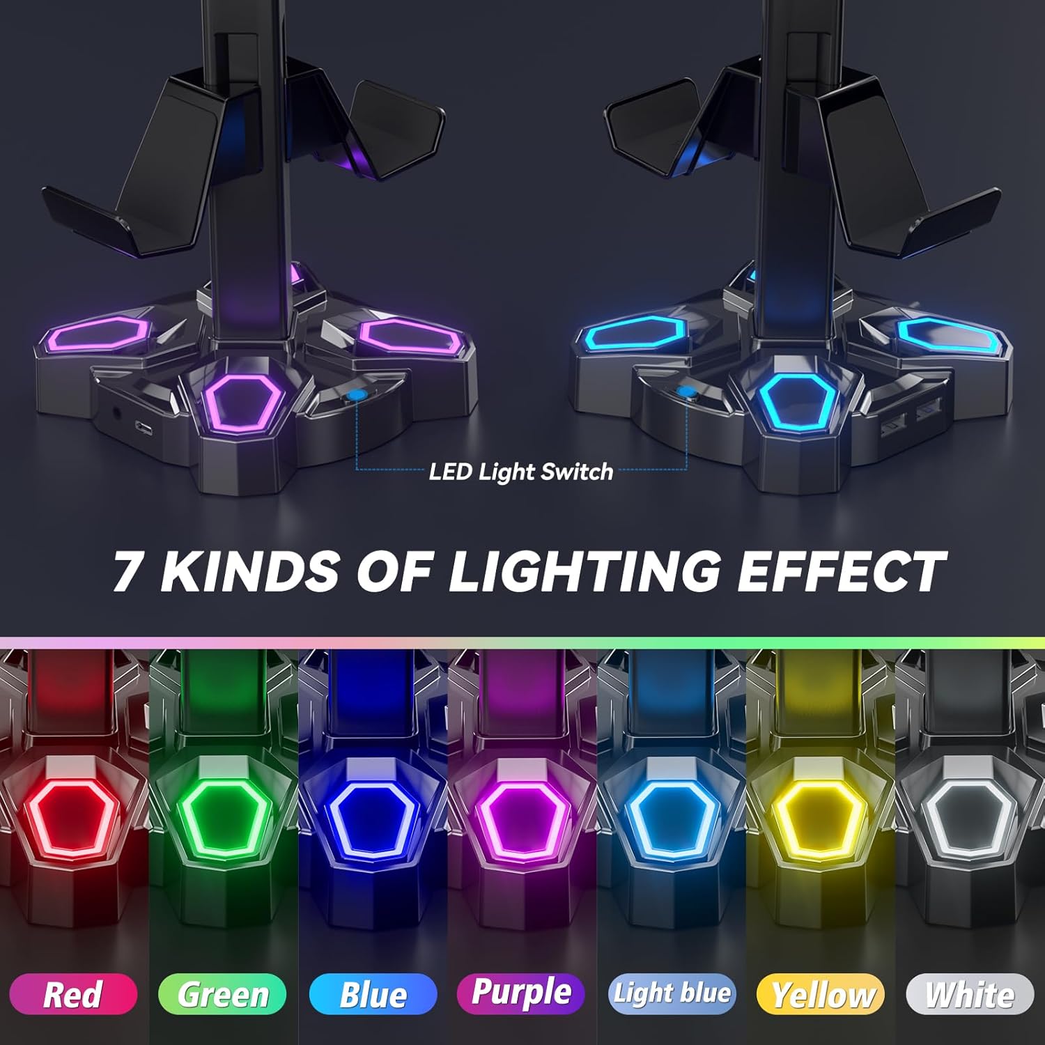 LED Headphone and Controller Stand, Rotatable Stand with Multiple Light Modes and 2 USB Charging Ports