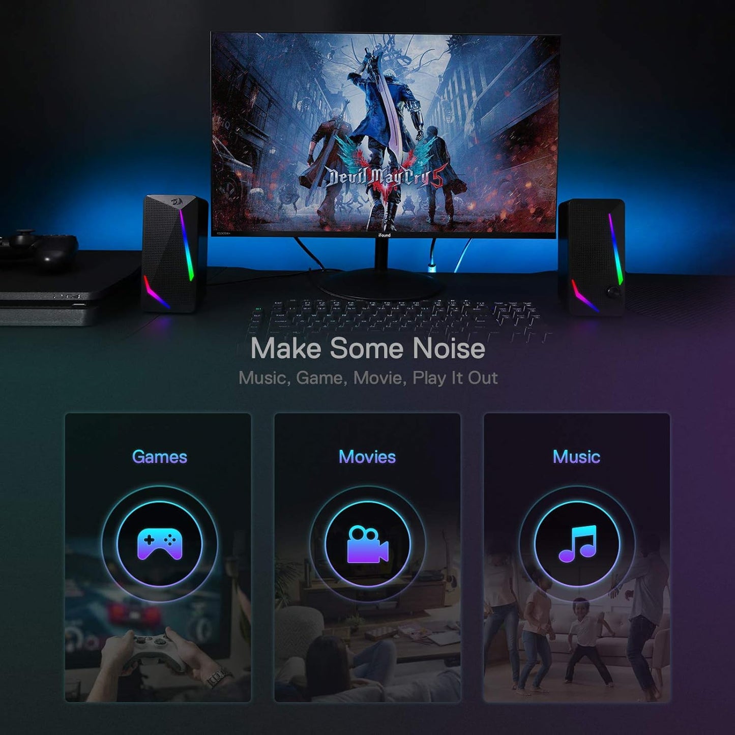 RGB Desktop Speakers with 4 Colorful LED Backlight Modes, Enhanced Bass and Easy-Access Volume Control, USB Powered W/ 3.5Mm Cable