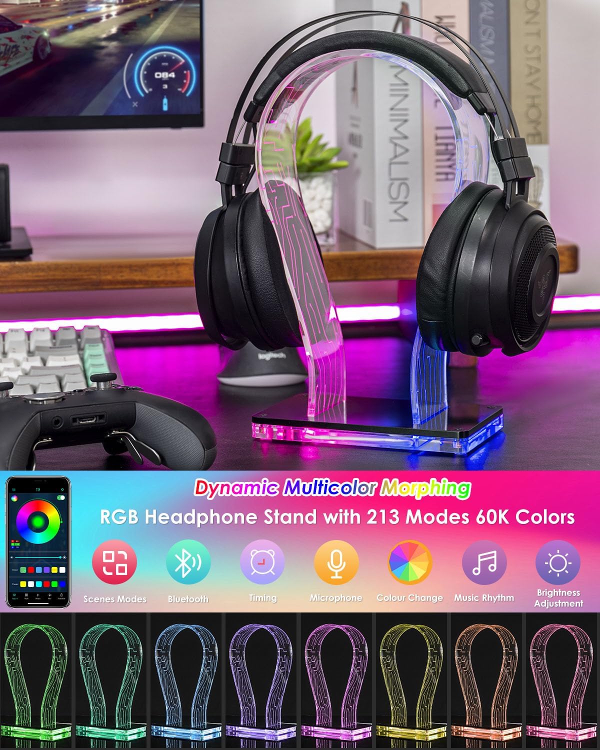 RGB Headphone Stand with 213 Modes 60K Colors, Music Rhythm Sync, Acrylic Headphone Stand for Desk Enhances Gaming Setup Experience, Gaming Headset Holder with APP & Wired Controller