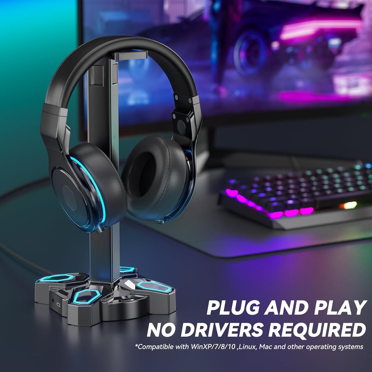 LED Headphone and Controller Stand, Rotatable Stand with Multiple Light Modes and 2 USB Charging Ports