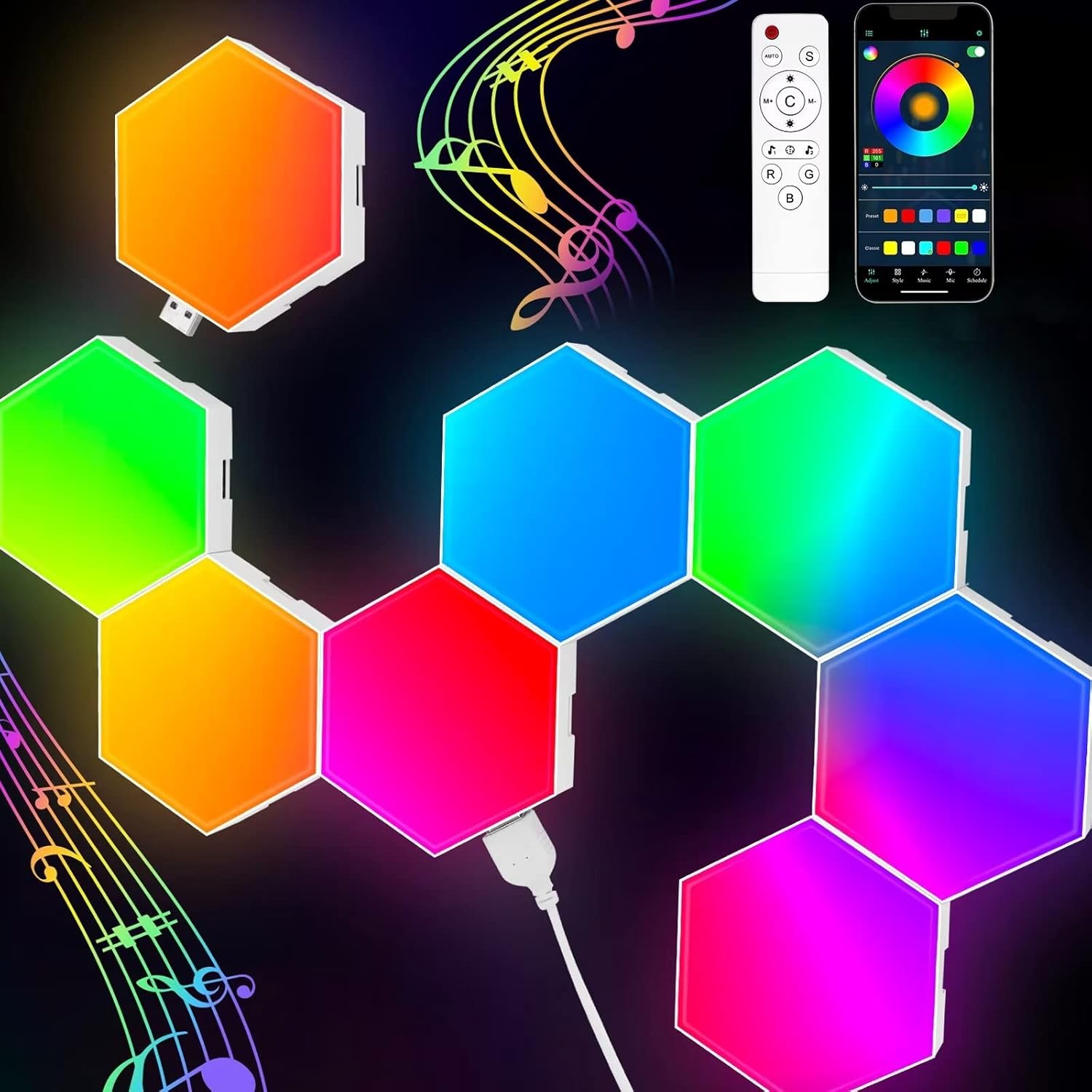 Hexagon Lights (8 Pack) LED Wall Panels, RGB Gaming Lights with APP