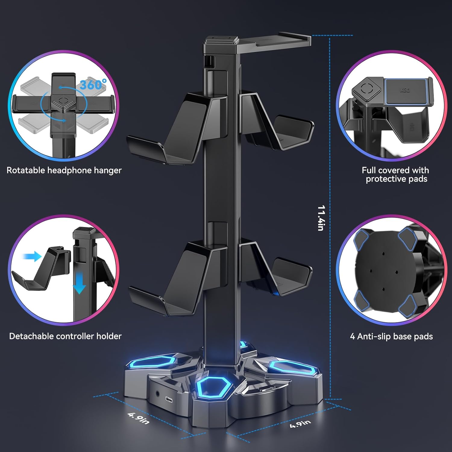 LED Headphone and Controller Stand, Rotatable Stand with Multiple Light Modes and 2 USB Charging Ports