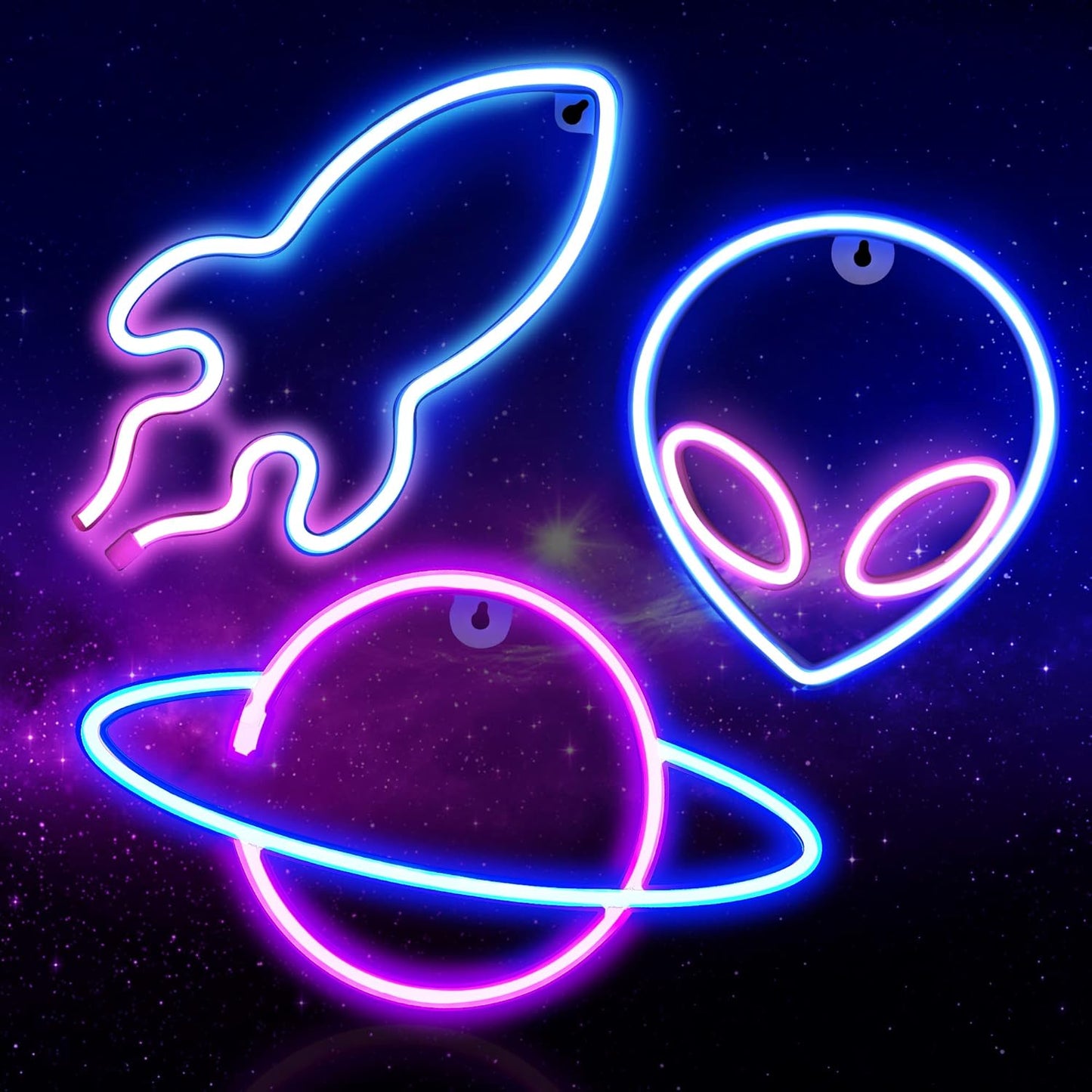 3 Piece Outer Space LED Neon Lights Wall Decor, Usb or Battery Powered