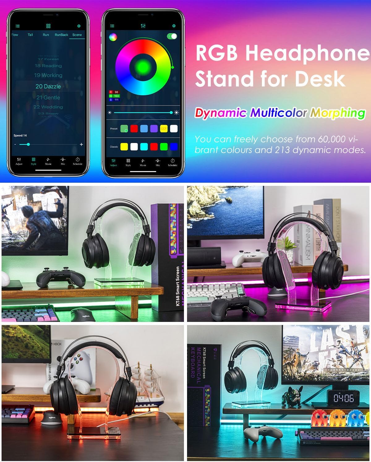 RGB Headphone Stand with 213 Modes 60K Colors, Music Rhythm Sync, Acrylic Headphone Stand for Desk Enhances Gaming Setup Experience, Gaming Headset Holder with APP & Wired Controller