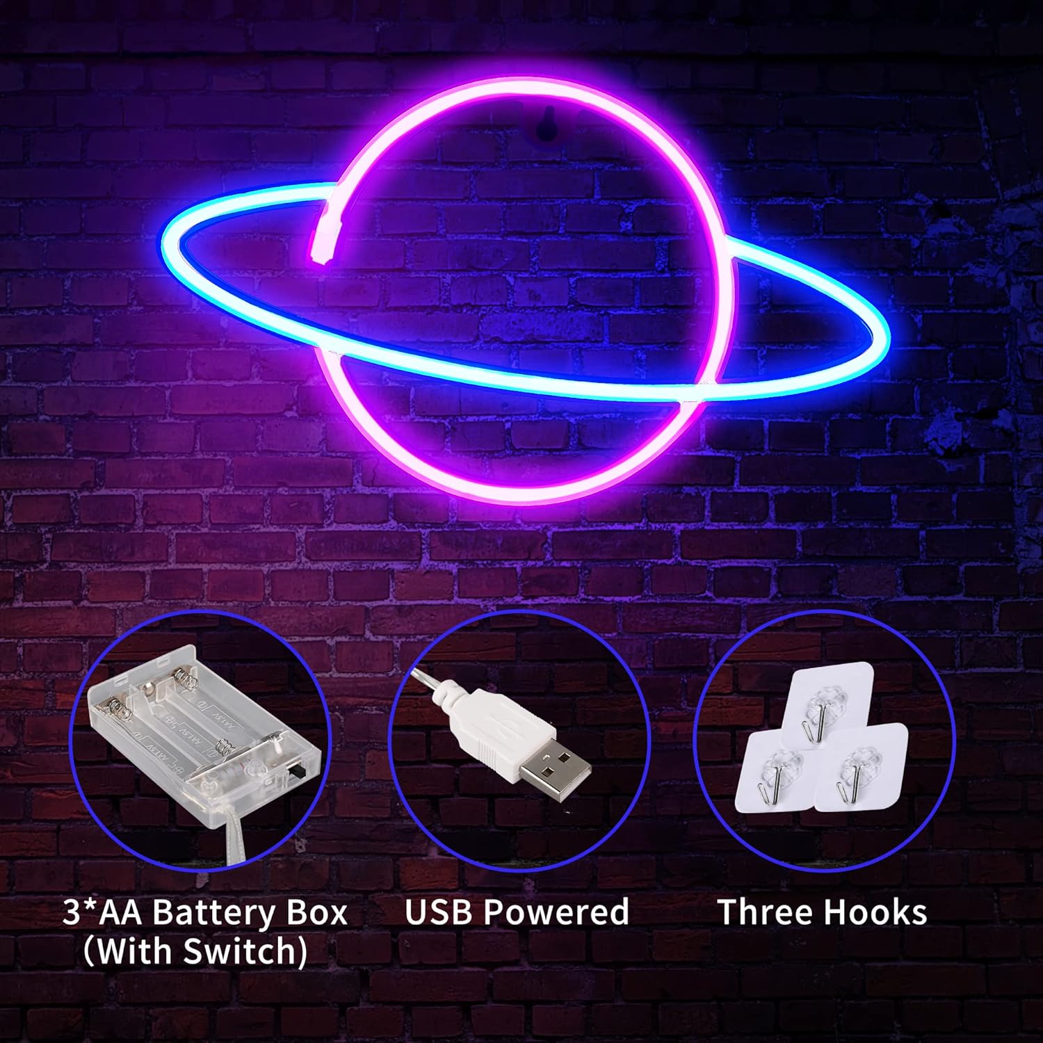 3 Piece Outer Space LED Neon Lights Wall Decor, Usb or Battery Powered