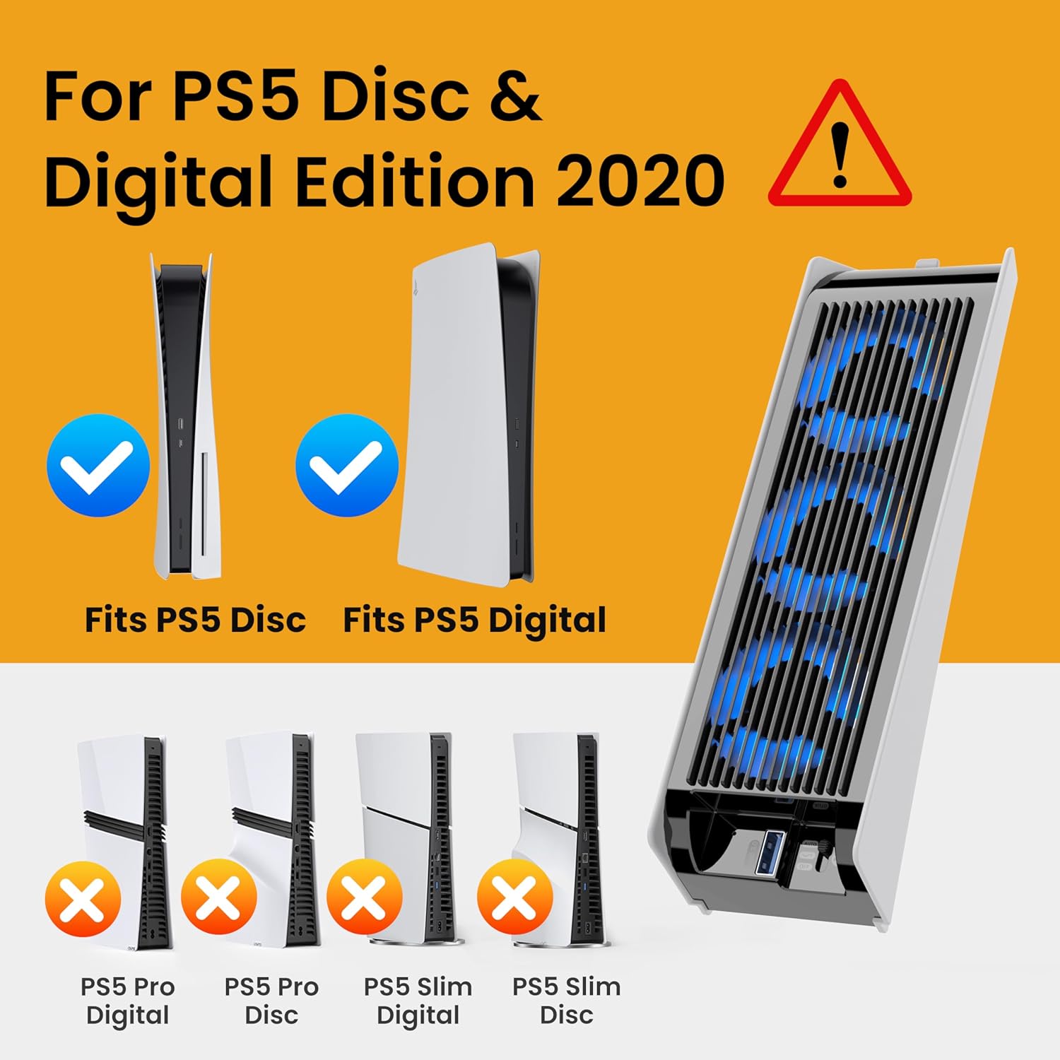 Cooling Fan for PS5 Accessories, Quiet Cooling Fan with Auto Speed, LED & Controller USB Port for PS5 Disc/Digital Edition 2020, Not for Playstation 5 Slim/Pro