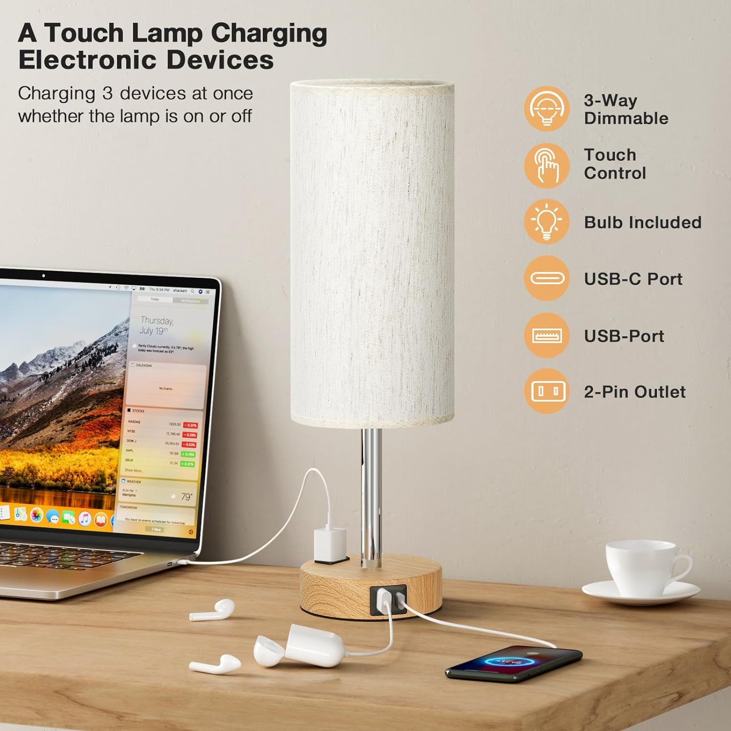 3 Way Dimmable Touch Lamp USB C Charging Ports and AC Outlet, Small Lamp, Wood Base, round Flaxen Fabric Shade
