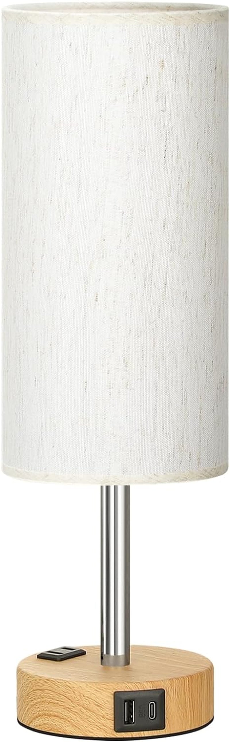 3 Way Dimmable Touch Lamp USB C Charging Ports and AC Outlet, Small Lamp, Wood Base, round Flaxen Fabric Shade