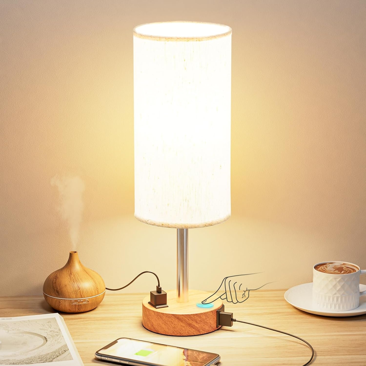 3 Way Dimmable Touch Lamp USB C Charging Ports and AC Outlet, Small Lamp, Wood Base, round Flaxen Fabric Shade