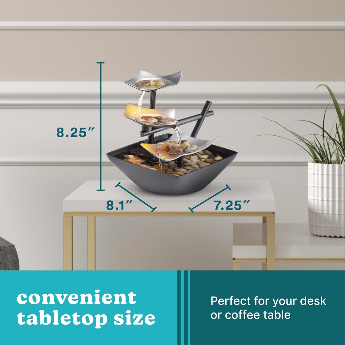 Tabletop Water Fountain, Home Décor Soothing Sound Machine - Automatic Pump, Deep Basin & Natural River Rocks. Indoor Zen Relaxation