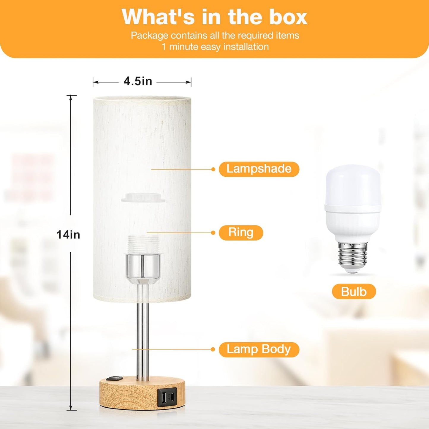 3 Way Dimmable Touch Lamp USB C Charging Ports and AC Outlet, Small Lamp, Wood Base, round Flaxen Fabric Shade
