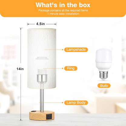 3 Way Dimmable Touch Lamp USB C Charging Ports and AC Outlet, Small Lamp, Wood Base, round Flaxen Fabric Shade