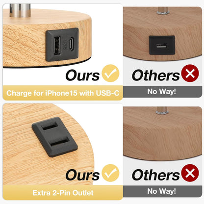 3 Way Dimmable Touch Lamp USB C Charging Ports and AC Outlet, Small Lamp, Wood Base, round Flaxen Fabric Shade