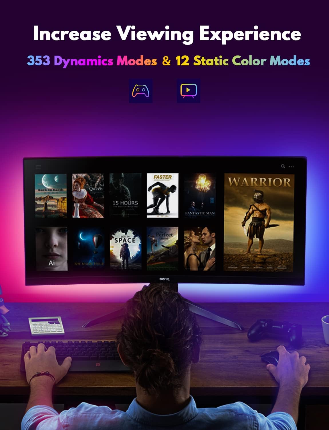 Monitor RGB Ambient Backlight Bar, LED Light for Desk Gaming Setup, USB Powered Light, 353 Color Change Modes, Wireless Remote