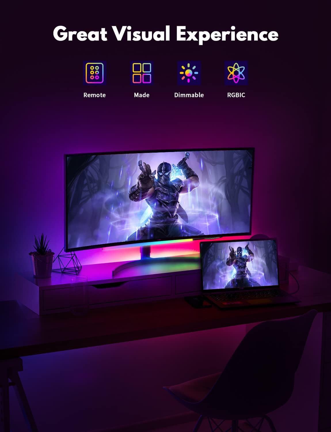 Monitor RGB Ambient Backlight Bar, LED Light for Desk Gaming Setup, USB Powered Light, 353 Color Change Modes, Wireless Remote