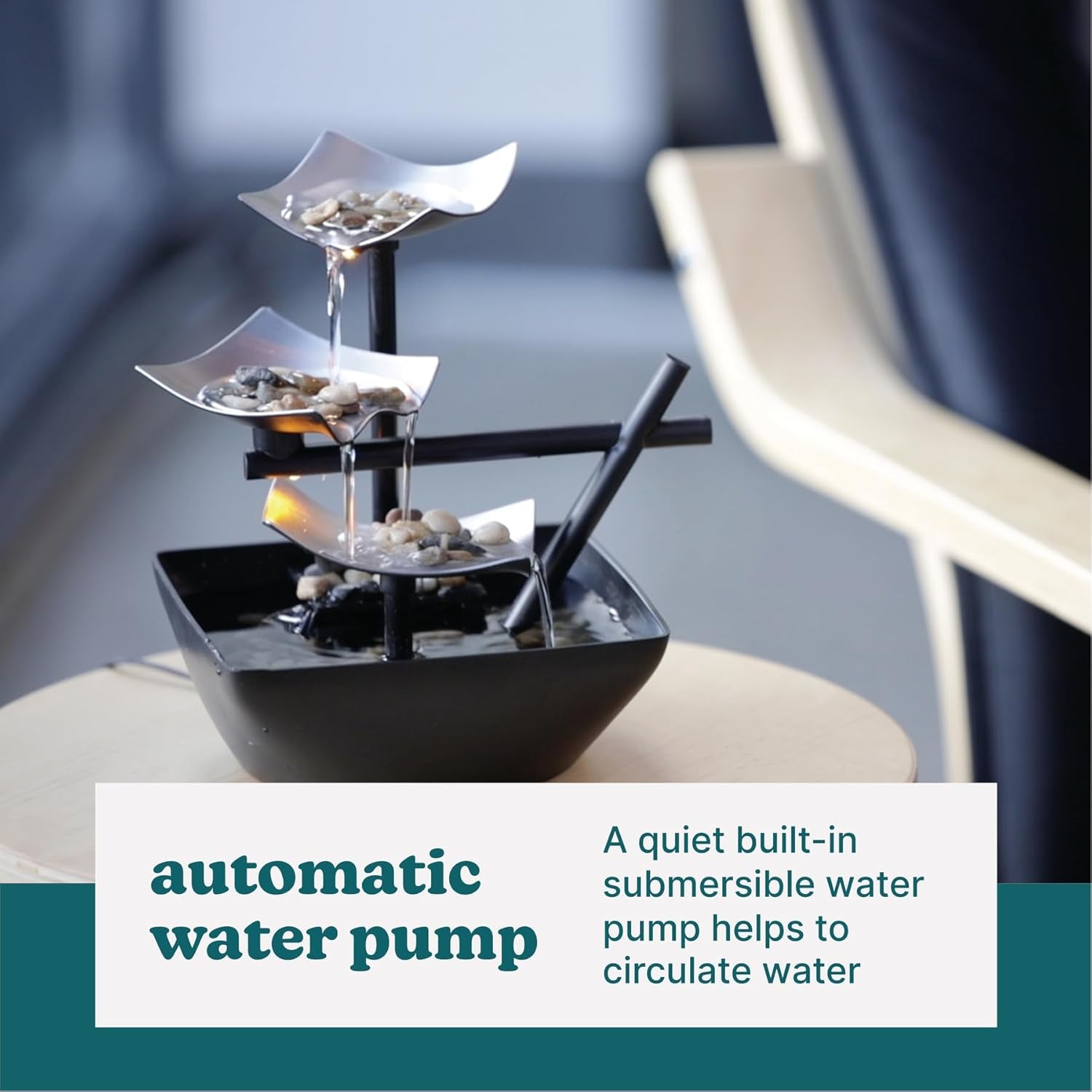 Tabletop Water Fountain, Home Décor Soothing Sound Machine - Automatic Pump, Deep Basin & Natural River Rocks. Indoor Zen Relaxation