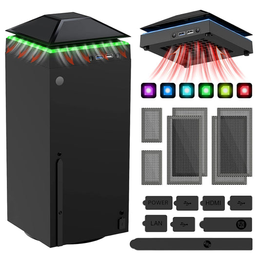 Cooling Fan Dust Proof for Xbox Series X Console with Colorful Light Strip,Dust Cover Filter,Rubber Dust Plugs,Low Noise Top Fan with 3 Gears,Cooler&Light Independent Touch Switch, 2 USB Port