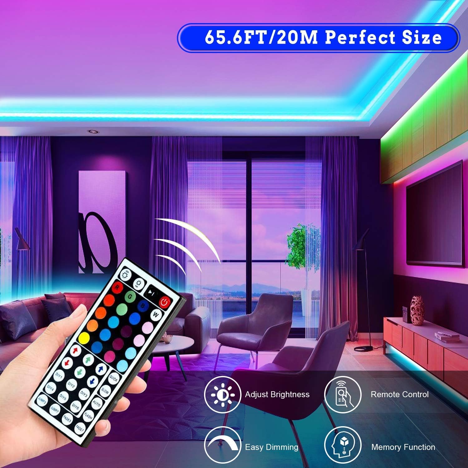 65.6Ft Led Strip Lights, Ultra Long RGB Color Changing LED Light Strips Kit with 44 Key Remote