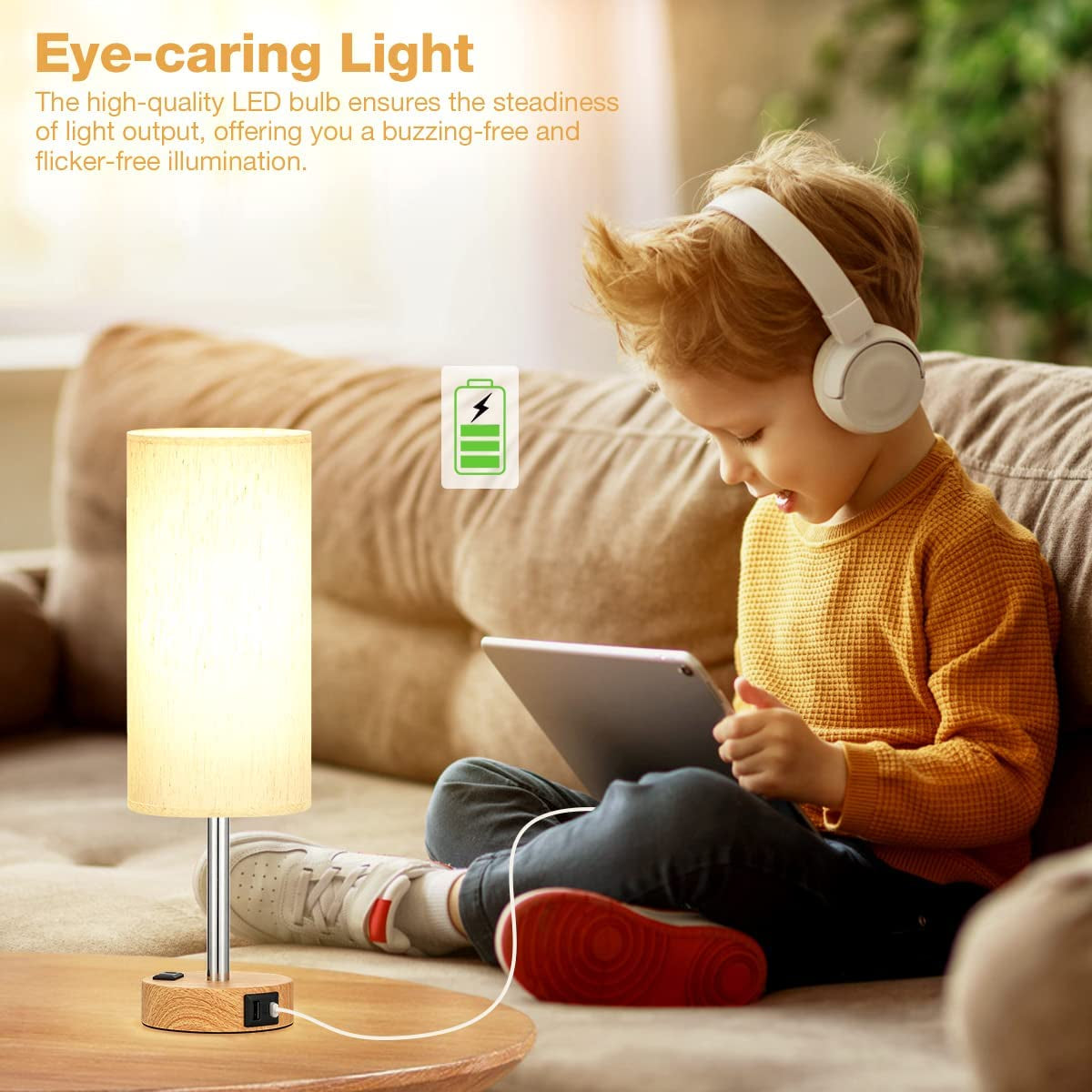 3 Way Dimmable Touch Lamp USB C Charging Ports and AC Outlet, Small Lamp, Wood Base, round Flaxen Fabric Shade
