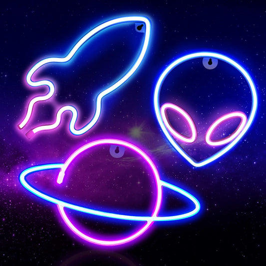 3 Piece Outer Space LED Neon Lights Wall Decor, Usb or Battery Powered