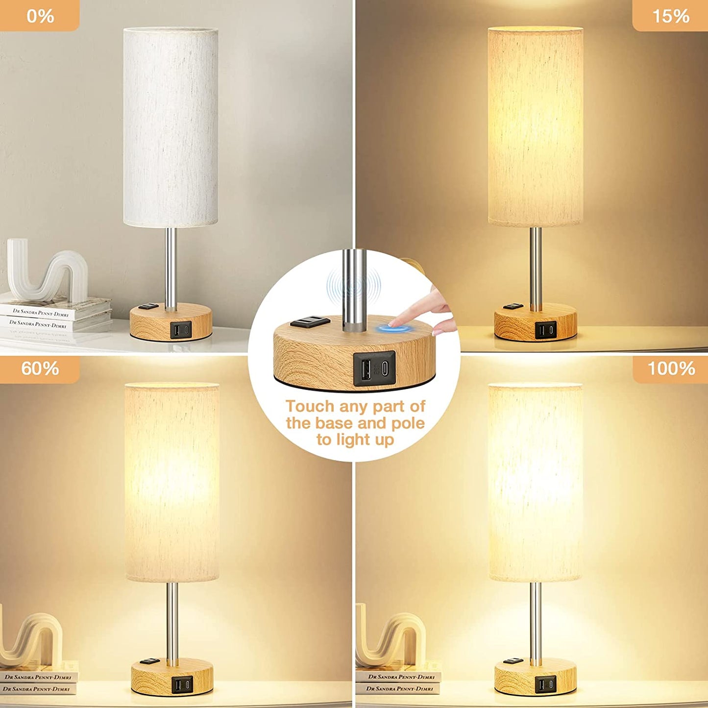 3 Way Dimmable Touch Lamp USB C Charging Ports and AC Outlet, Small Lamp, Wood Base, round Flaxen Fabric Shade