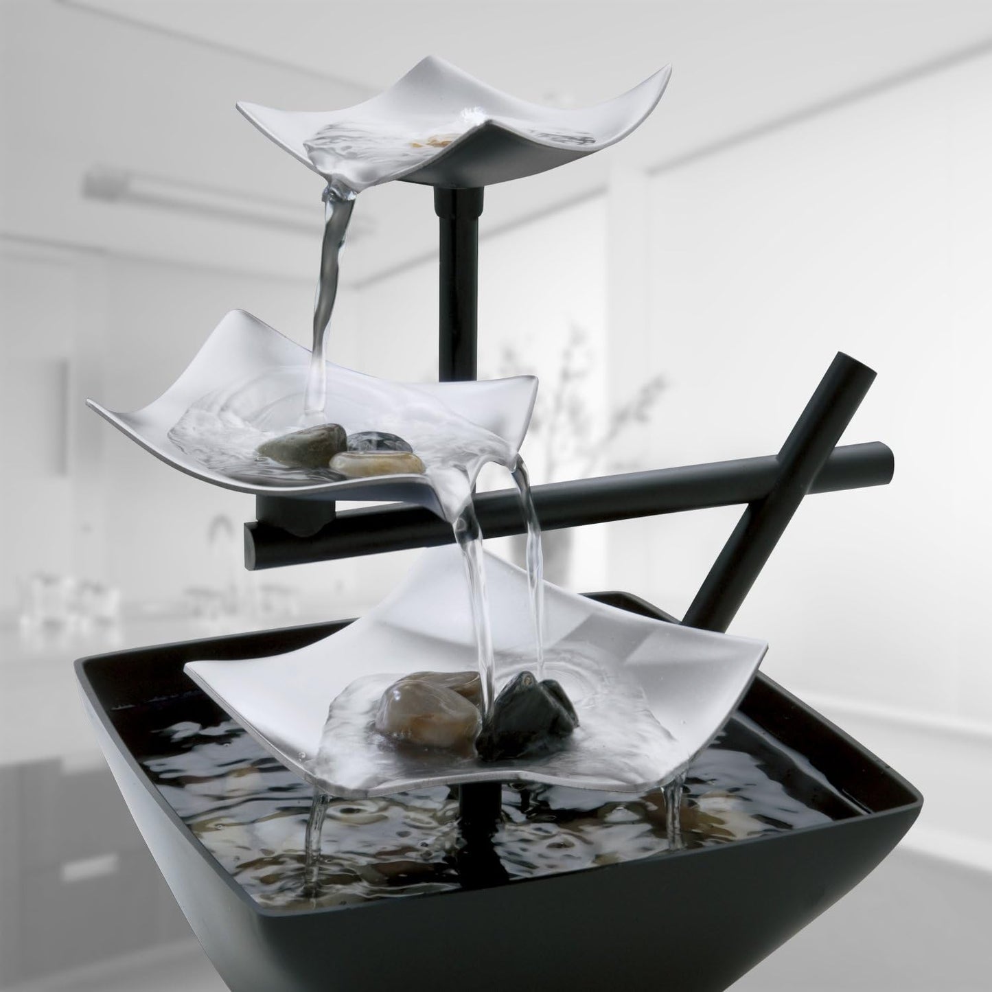 Tabletop Water Fountain, Home Décor Soothing Sound Machine - Automatic Pump, Deep Basin & Natural River Rocks. Indoor Zen Relaxation