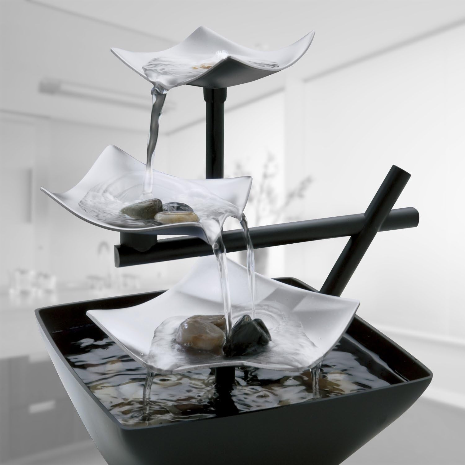 Tabletop Water Fountain, Home Décor Soothing Sound Machine - Automatic Pump, Deep Basin & Natural River Rocks. Indoor Zen Relaxation