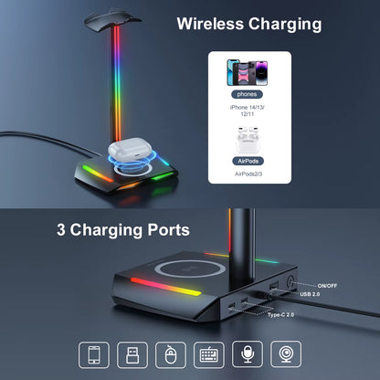 Z12 RGB Headphones Stand Holder with Wireless Charger Base Desk Gaming Headset Holder Non-Slip Rubber Base