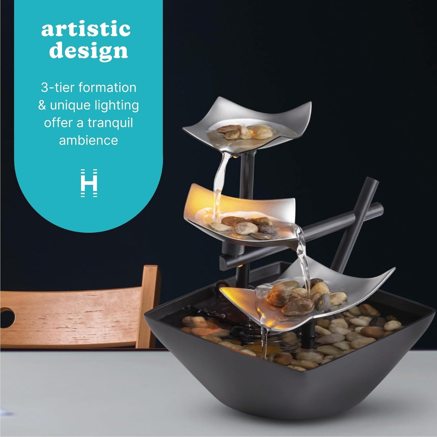 Tabletop Water Fountain, Home Décor Soothing Sound Machine - Automatic Pump, Deep Basin & Natural River Rocks. Indoor Zen Relaxation